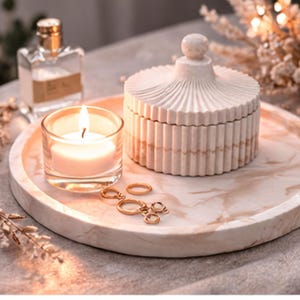 Marble Look Jewelry Dish Set with Lid | Handmade Raysin Trinket Box & Tray | Neutral Vanity Decor | Elegant Gift for Her | Beige Aesthetic