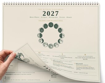 Rituell väggkalender 2027, månfaser, portaler och retrograder
