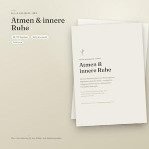 Può includere: Un quaderno di esercizi digitale beige intitolato Atmen & innere Ruhe, parte di una serie di competenze. La copertina presenta una piccola icona di un fiore disegnata a linee, il titolo e un testo descrittivo in tedesco sulla respirazione.