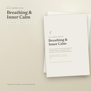 Könnte beinhalten: Ein digitales Arbeitsbuch mit dem Titel Breathing & Inner Calm auf cremefarbenem Hintergrund mit dunklem Text. Das Cover zeigt eine kleine Strichzeichnung einer Pflanze, den Titel und eine Beschreibung von sechsundzwanzig Atemtechniken.