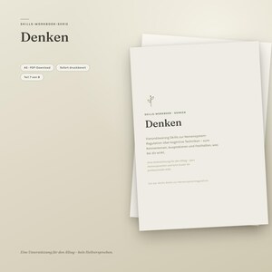 Könnte beinhalten: Ein digitales Arbeitsbuch mit dem Titel Denken aus einer Skills-Workbook-Serie, gestaltet mit einem minimalistischen Pflanzensymbol. Der Text auf dem Deckblatt umfasst Vierundzwanzig Skills zur Nervensystem-Regulation über kognitive Techniken, gedruckt in dunkler Schrift auf einem hellbeigen Hintergrund.