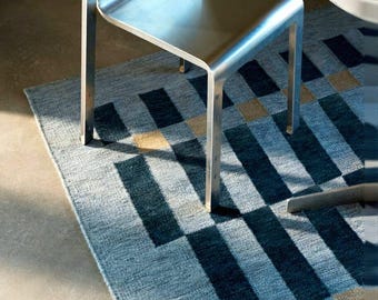 Handgewebter Flachgewebe Teppich Gestreift & Blau Moderner Teppich im skandinavischen Stil