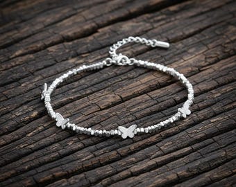 Bracelet de perles rondes creuses papillon en argent sterling 925, mode féminine, bijoux romantiques, classique réglable
