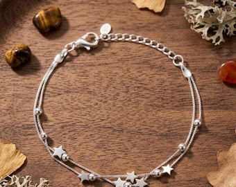 Bracelet double épaisseur en argent sterling avec étoile, bracelet à breloques célestes, petite étoile bracelet, bagues réglables pour femme, cadeau pour elle