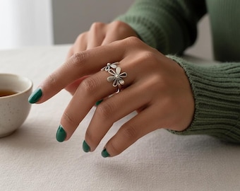 Bague marguerite double en argent sterling - anneau floral ouvert réglable