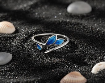 Bague feuille en argent sterling : émail bleu, anneau réglable