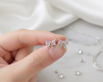 Sterling Silver Pink CZ Bow Stud Earrings | Kawaii Jewelry