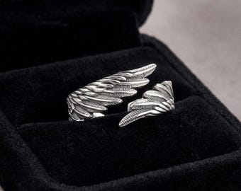 Bague ouverte aile d'ange en argent - Bijoux fantaisie fantaisie bohème en plumes réglables