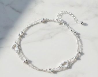 Bracelet coeur en argent sterling : chaîne réglable double épaisseur délicate