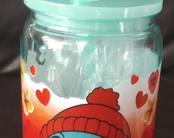 1 personalised stitch plastic jar tumbler with straw