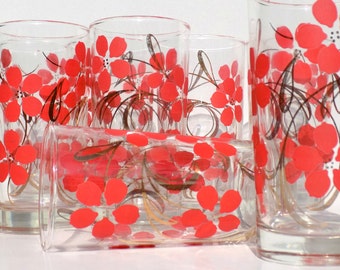 Mid Century Coral Pink and Gold Tumblers, Set of 8, Floral Bar Glasses, Golden Swirls and Pink Flowers