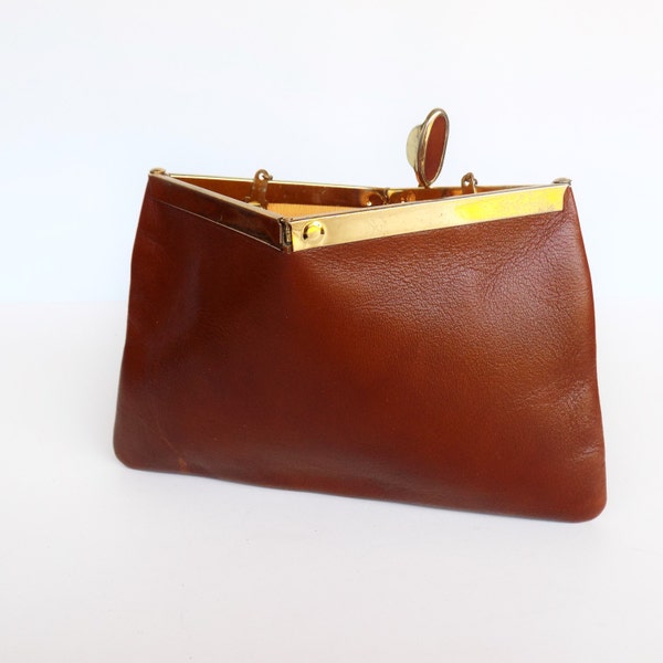 Vintage 60s Brown Leather Clutch by Etra - Mid Century Classic Small Purse Handbag Accessory