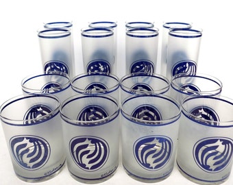 Culver Collins and Rocks Glasses - Complete Set of 16 - Vintage Frosted Glasses with Blue Medallion Design - Mid Century Barware - Bar Set