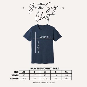 a blue t-shirt with a size chart and measurements for different age groups, including a baby tee and a youth t-shirt.