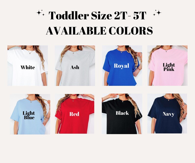 The image is a collage of eight different colored toddler size t-shirts, each with a different color and size.