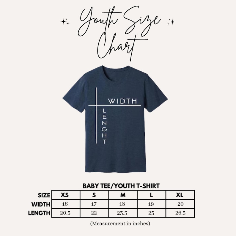 a blue t-shirt with a size chart and measurements for different age groups, including a baby tee and a youth t-shirt.