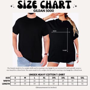 The image is a size chart for a GILAN 5000 t-shirt, featuring a male and female model wearing the shirt. The chart provides measurements for the shirt's width, length, and other sizes, as well as the corresponding t-shirt size.