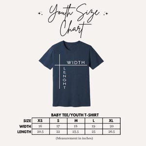 a blue t-shirt with a size chart and measurements for different age groups, including a baby tee and a youth t-shirt.