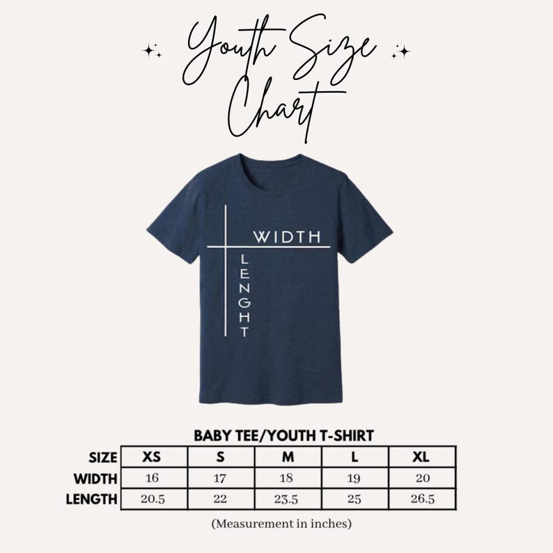 a blue t-shirt with a size chart and measurements for different age groups, including a baby tee and a youth t-shirt.