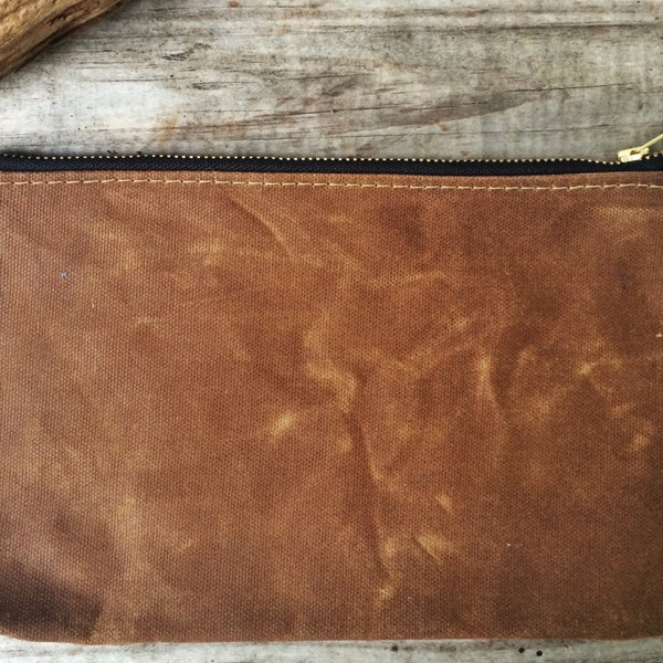 brown zipper pouch, waxed canvas and chambray