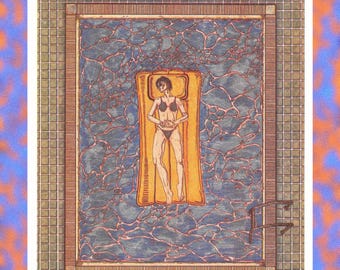May include: Illustration of a person in a black bikini lying on a yellow pool float in a blue pool. The pool is surrounded by a brown and tan tiled border. The background has a blue and orange pattern.