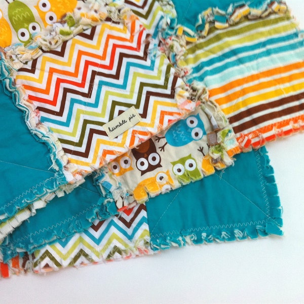 Baby Rag Quilt - Reversible Owl, rayures et Chevron avec Blue Squares Toddler couverture