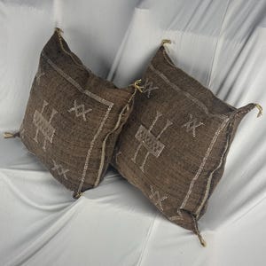 Peut inclure: Deux coussins décoratifs bruns avec des motifs géométriques blancs. Les coussins ont un aspect texturé et sont ornés de glands à chaque coin. Les coussins sont posés sur une surface blanche.