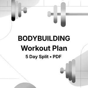 Könnte beinhalten: Graustufen-Grafik mit stilisierten Hanteln und einem Wellenform-Design. Der Text "BODYBUILDING Workout Plan" ist prominent dargestellt, gefolgt von "5 Day Split • PDF". Das Design deutet auf ein Fitness- oder Trainings-Thema hin.