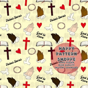 Op de afbeelding: Een herhalend patroon op een lichtgele achtergrond met rode kruisen, witte duiven, rode harten, biddende handen in verschillende huidtinten, doornenkronen en open boeken. De tekst bevat de woorden Jesus Saves en God is Love.