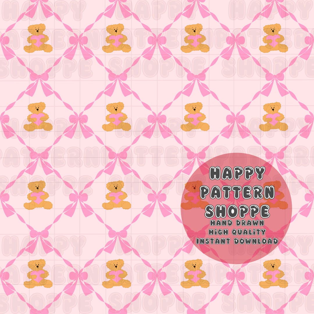 Pink Bow Bear Coquette Valentine’s Day Seamless Pattern 300 DPI PNG ...