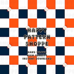 Può includere: Un design di pattern digitale con un motivo a scacchiera in blu navy, arancione e bianco. Illustrazioni di baseball sono sparse sul design. Il testo "HAPPY PATTERN SHOPPE" è visualizzato, insieme a "HAND DRAWN, HIGH QUALITY, INSTANT DOWNLOAD."