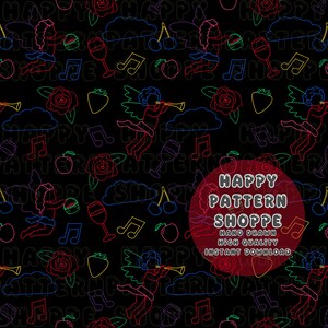 May include: Seamless pattern on a black background featuring neon-style illustrations of cherubs, musical notes, roses, wine glasses, cherries, strawberries, and apples. The pattern includes the text "HAPPY PATTERN SHOPPE" in a red circle.