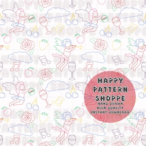 May include: A repeating pattern featuring cherubs, musical notes, wine glasses, fruit, and roses in a whimsical design. The design includes the text "HAPPY PATTERN SHOPPE" in a red circle. The illustrations are outlined in various colors.