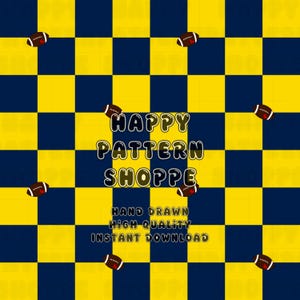 May include: A digital pattern featuring a grid of alternating yellow and navy blue squares. Scattered across the grid are brown and white footballs. The text "HAPPY PATTERN SHOPPE" is displayed, along with "HAND DRAWN HIGH QUALITY INSTANT DOWNLOAD".