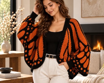 Butterfly Cardigan, Plus Size Oversized Boho Knit Sweater, Monarch Wing Open Front Shrug