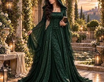 Medieval Hooded Dress, Gothic Renaissance Gown, Witch Costume, Fantasy Wedding, Bell Sleeve Maxi