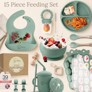 15pc Silicone Weaning Kit | Suction Plate, Bowl, Bib, Spoon & Cup | BPA-Free Toddler Tableware | Self-Feeding Training | Baby Shower Gift
