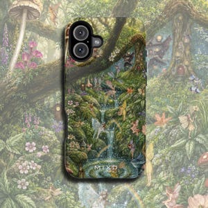 May include: A rectangular phone case featuring a detailed forest scene with fairies, a waterfall, and a small rainbow. The design includes lush green foliage, flowers, and tree-dwelling structures. The word MIXD is printed in white at the bottom.