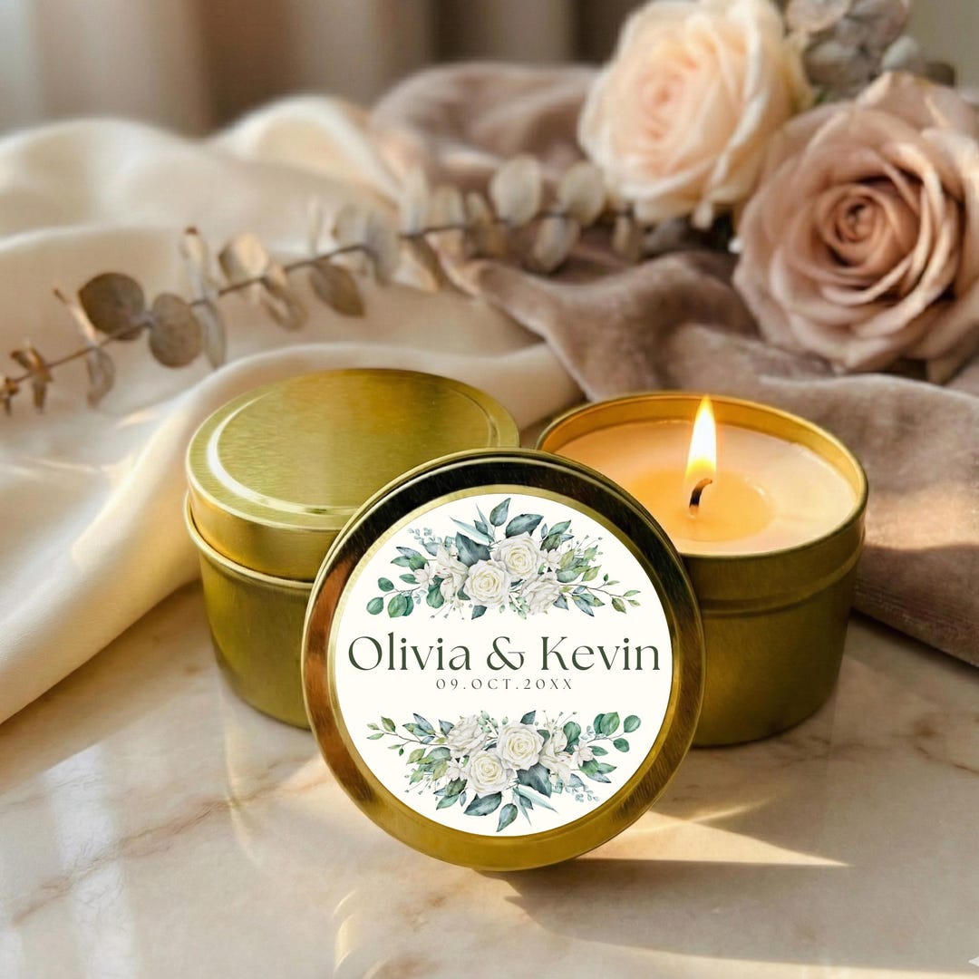 Personalized Wedding Favor Candles | Blush Floral, Gold Tin, Soy Wax - Etsy