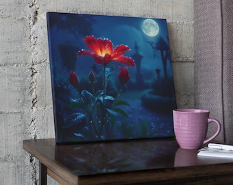 月明かりに照らされた真紅の花のウォールアート | 魅惑の夜の庭のデジタルプリント | 神秘的な花のポスター | 夢のような植物の装飾