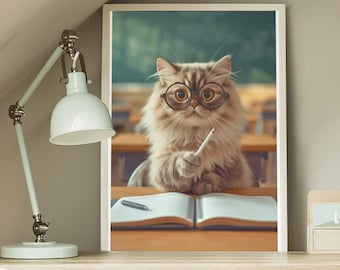 May include: A framed print of a cat wearing glasses and holding a pencil, set on a desk with a white chair and a mint green desk lamp. The desk has a drawer and a small wooden box that says "LETTER". The room has a neutral color scheme.
