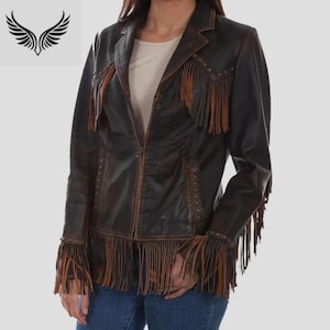 Chaqueta marrón de piel auténtica con flecos para mujer – Abrigo estilo motero western