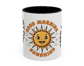 Taza de café / Buenos días, sol / Ilustración del sol / Tome un sorbo (texto circular)