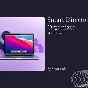 May include: A silver laptop with a colorful screen sits on a purple surface. The text "Smart Directory Organizer Mac Edition" is displayed, with "By Smartools" below. The background is a gradient of purple and dark blue.