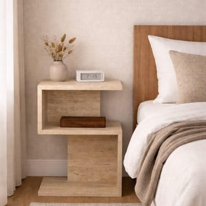 Mesa auxiliar de travertino – Mesita de noche moderna y minimalista – Mesita de noche con aspecto de piedra – Mueble de dormitorio escandinavo