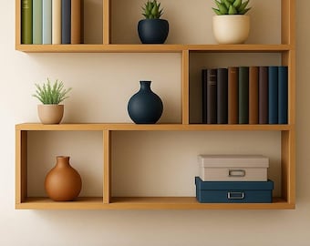 Estantería de pared de bambú: moderna estantería flotante con 6 compartimentos.