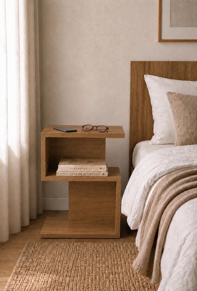 May include: A wooden nightstand with a minimalist design, featuring two shelves. The top shelf holds a pair of eyeglasses and a smartphone. Two books are stacked on the lower shelf. A bed with white linens and a brown throw blanket is next to the nightstand.