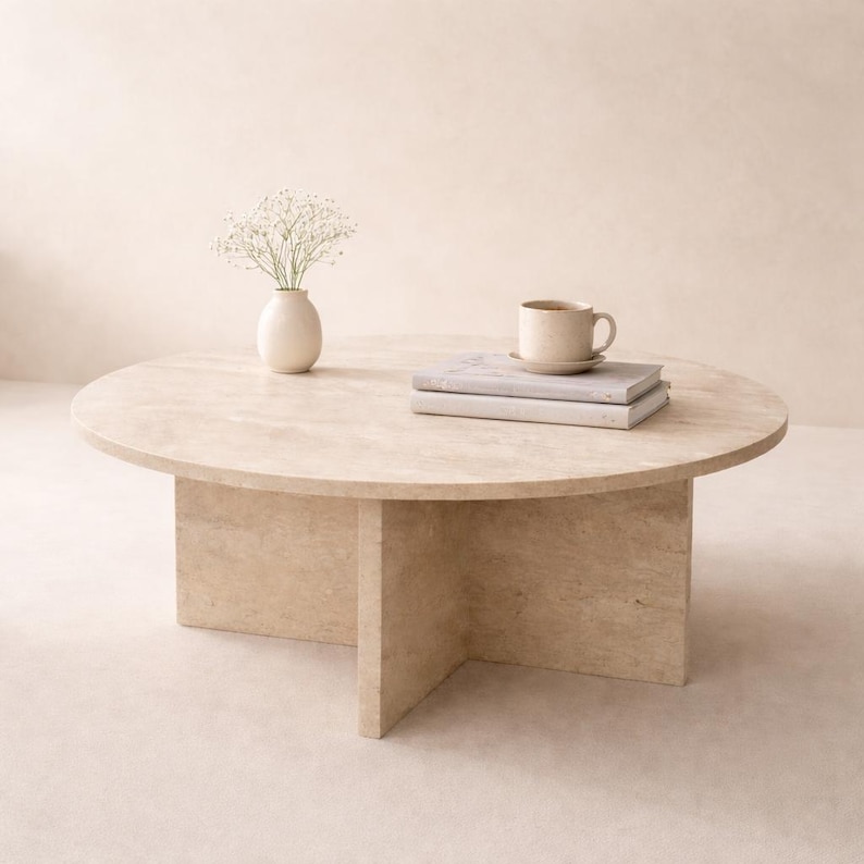 Round Travertine Coffee Table | Japandi Coffee Table | Minimal Coffee Table | Modern Stone Look Coffee Table | Neutral Living Room Table image 5