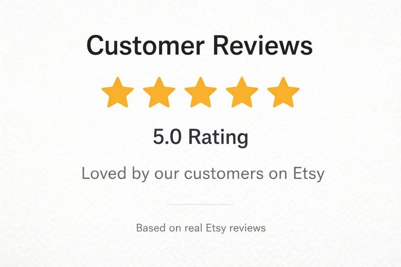 以下が含まれることがあります： 「Customer Reviews」の文字と5つの金色の星が描かれた画像。「5.0 Rating」の文字の下には「Loved by our customers on Etsy」と「Based on real Etsy reviews」と書かれています。