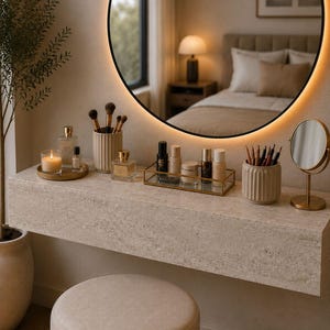 May include: A neutral-toned vanity with a large round mirror and a variety of beauty products. The vanity features a stone-like surface with a stool in front. Makeup brushes, perfumes, and skincare items are arranged on the vanity, creating a serene and organized space.